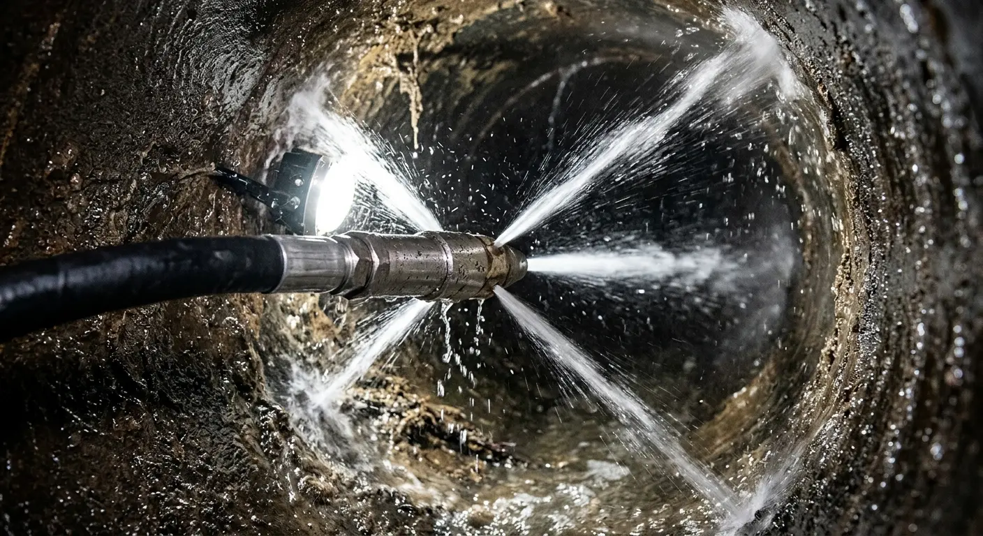 High-pressure hydro jetting nozzle cleaning sewer pipe for Trenchless Sewer Repair in Belle Isle
