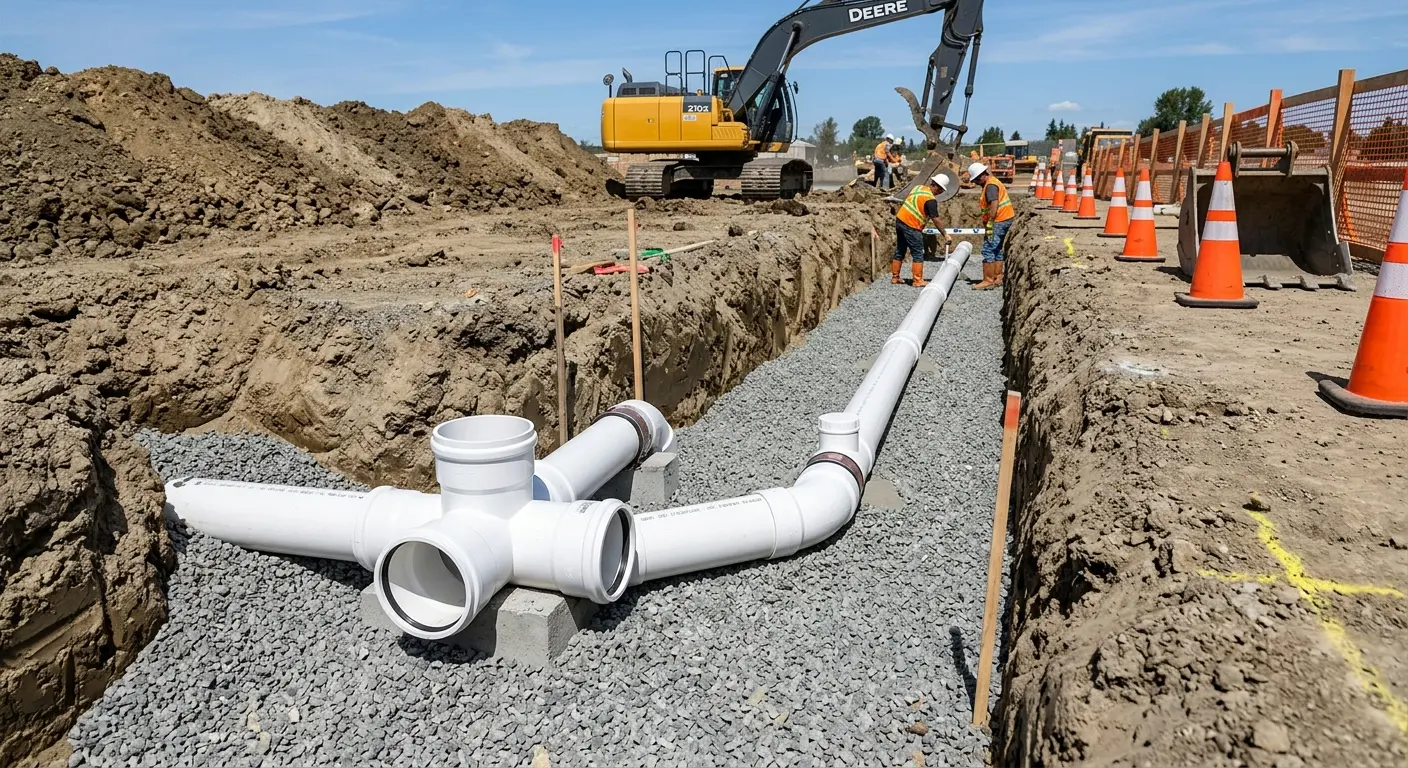New PVC sewer pipe installation in open trench for Commercial Drain Cleaning in Belle Isle