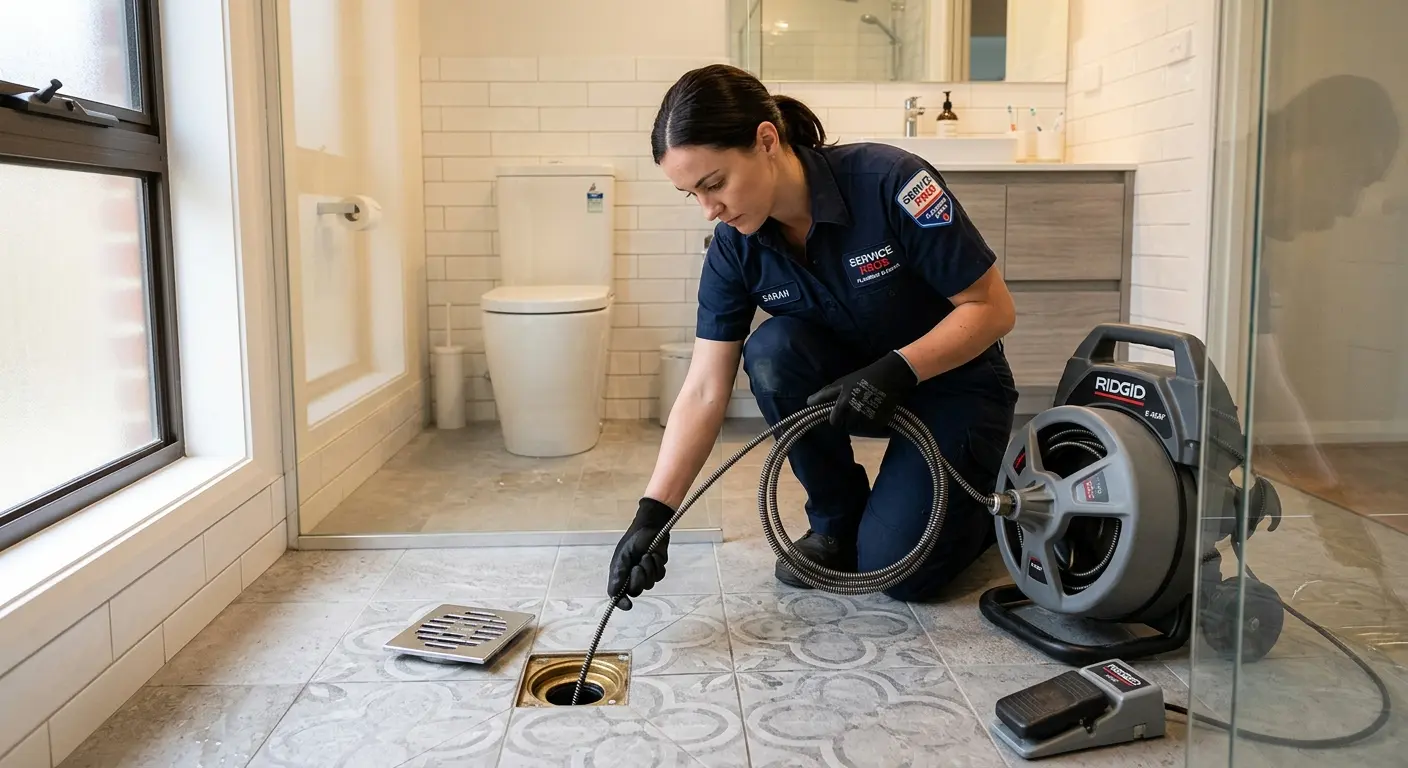 Technician clearing a bathroom floor drain for Hydro Jetting in Belle Isle